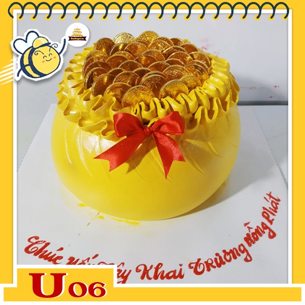Bánh kem hũ vàng tiền đô U06 màu vàng nơ đỏ mừng khai trương hồng phát