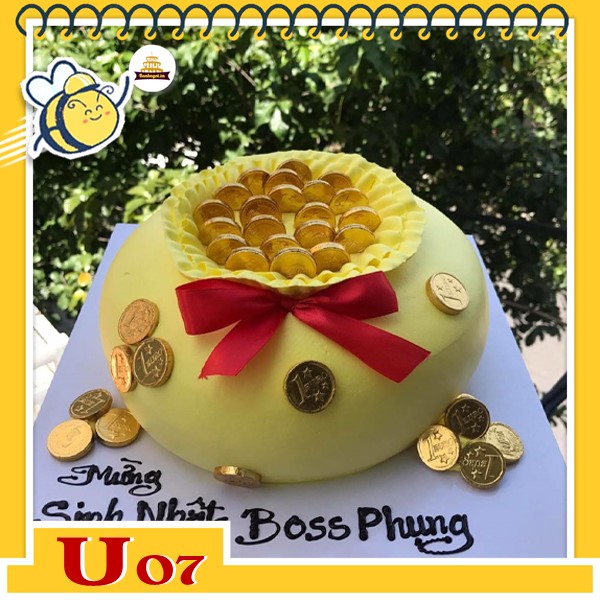 Bánh kem hũ vàng tiền đô U07 màu vàng nơ đỏ giống hệt như hũ vàng thật