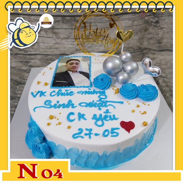 Bánh kem in ảnh N04 nền trắng viền xanh dương cắm phụ kiện hiện đại tặng cho nam