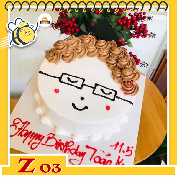 Bánh kem mặt cười Z03 bé trai đeo kính tóc quăn màu nâu vui nhộn