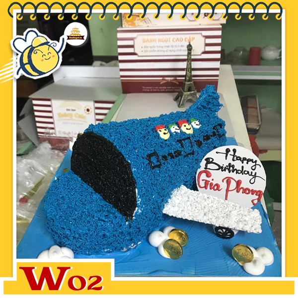Bánh kem máy bay W02 màu xanh dương cửa sổ đen và có vẽ hành khách ngồi trên máy bay