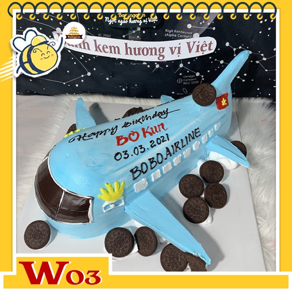Bánh kem máy bay W03 màu xanh nhạ trang trí thêm nhiều bánh oreo vừa ngầu vừa ngon