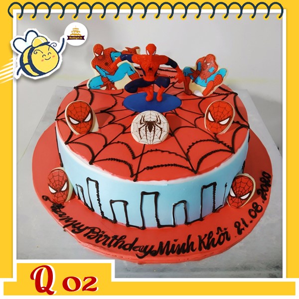 Bánh kem người nhện Q02 nền đỏ xanh trang trí nhiều sticker người nhện mạnh mẽ