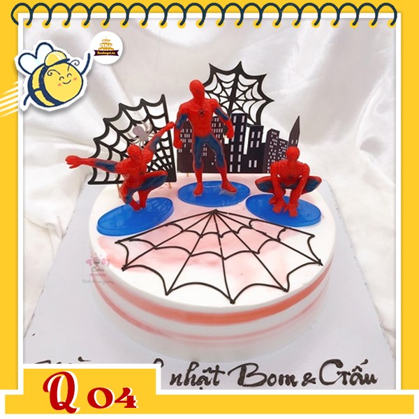 Bánh kem người nhện Q04 nền trắng hồng nhạt trang trí 3 mô hình người nhện