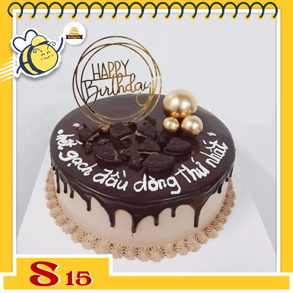 Bánh kem socola S15 phủ chảy tự nhiên trên nền bánh nâu nhạt rắc vụn socola và phụ kiện hiện đại