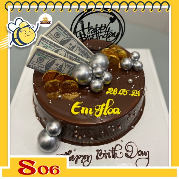 Bánh kem socola S06 trang trí phụ kiện hiện đại phong cách giàu sang quý tộc tiền vàng đô la