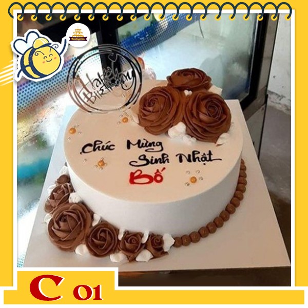 Bánh kem tặng cha C01 nền trắng và những đóa hoa màu nâu phù hợp lứa tuổi của những ông bố bà mẹ
