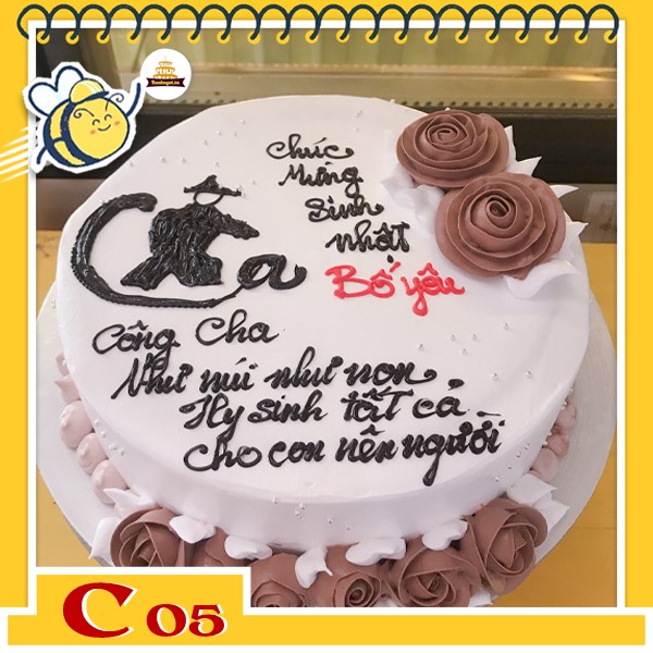 Bánh kem tặng cha C05 nền trắng viết chữ thư pháp tặng Cha viền xung quanh là những bông hoa màu nâu đẹp