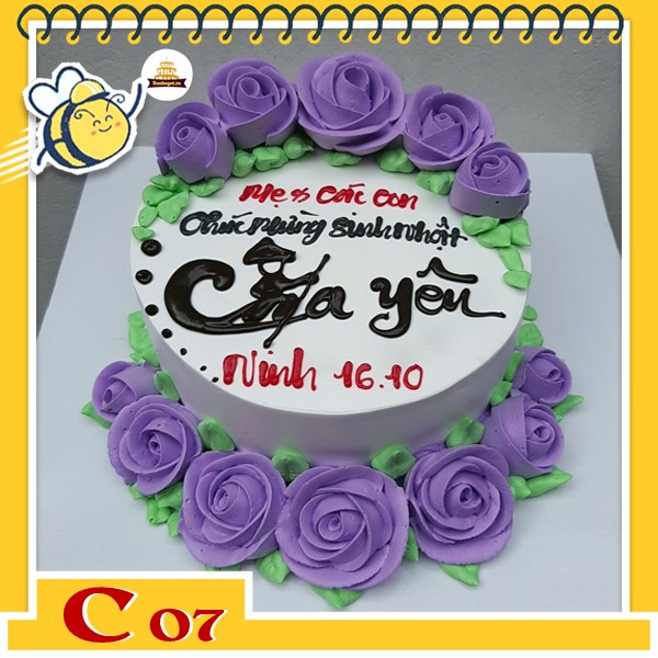 Bánh kem tặng cha C07 chữ thư pháp Cha yêu nền trắng viền xung quanh là hoa màu tím nở rộ tươi thắm