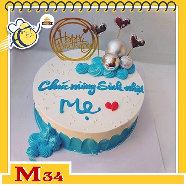 Bánh kem tặng mẹ M34 màu trắng và xanh nước biển trang trí đơn giản bằng phụ kiện mới nhất