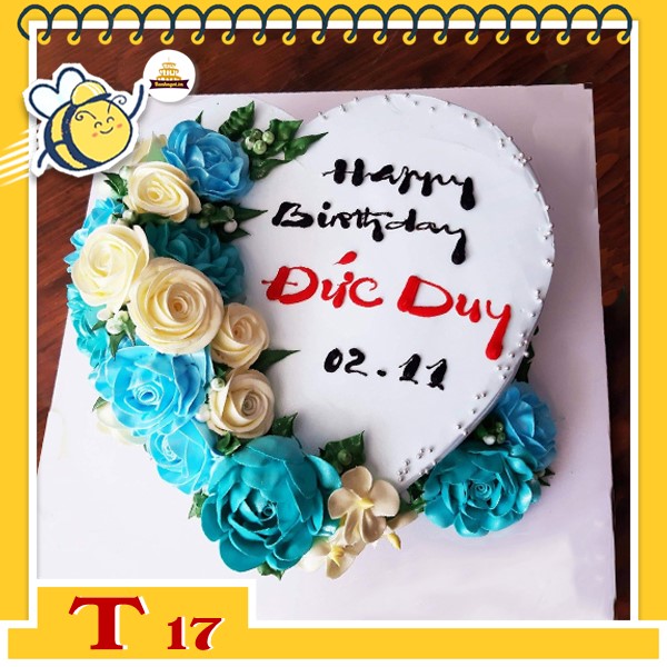 Bánh kem trái tim T17 nền trắng kèm hoa xanh vàng ở nửa bên cực ấn tượng dành cho nam