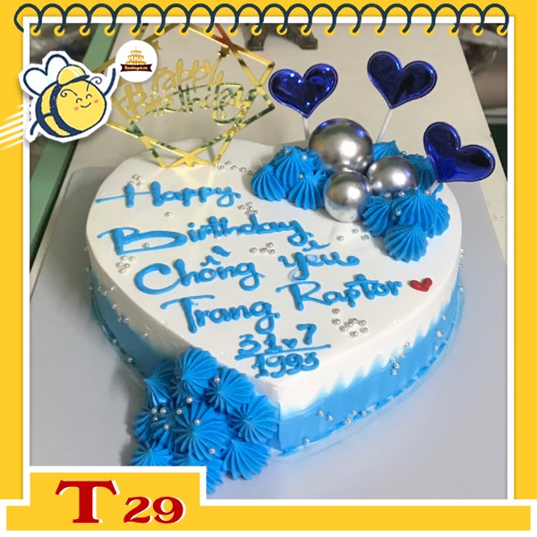 Bánh kem trái tim T29 màu trắng xanh dương đơn giản mang phong cách hiện đại tặng cho nam
