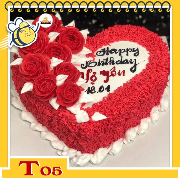 Bánh kem trái tim T05 đỏ rực tình yêu nồng cháy bắt hoa nửa bên ngọt ngào