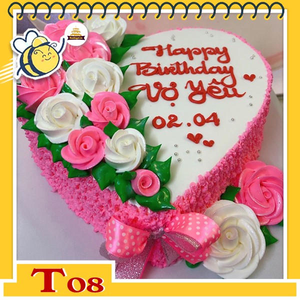 Bánh kem trái tim T08 bán chạy màu hồng bắt hoa trắng hồng nửa bên