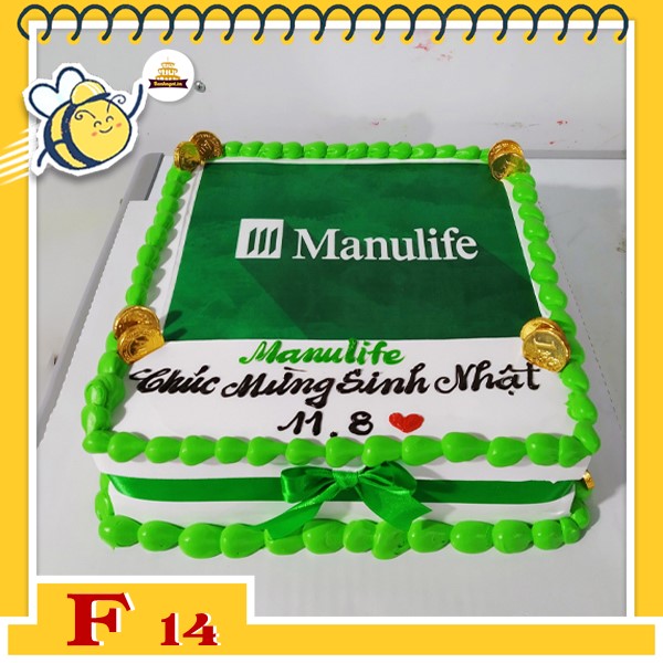 Bánh kem vuông F14 nàu xanh lá trên nền trắng đơn giản in logo công ty thắt nơ tiền vàng