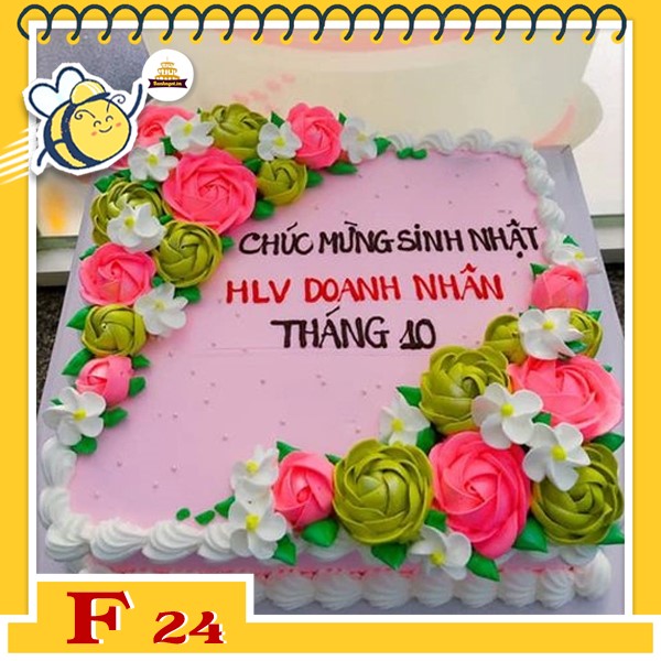Bánh kem vuông F24 nền hồng bắt hoa hồng trắng xanh viền chấm trắng sang trọng