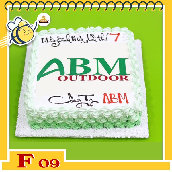 Bánh kem vuông F09 in logo nền trắng pha xanh lơ nhẹ nhàng đơn giản