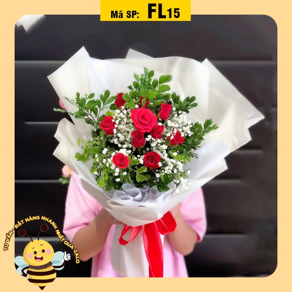 Bó hoa tươi FL15 hoa hồng đỏ và hoa bi mix lá xanh
