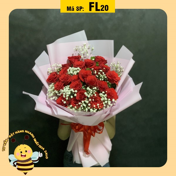 Bó hoa tươi FL20 hồng đỏ cùng hoa baby