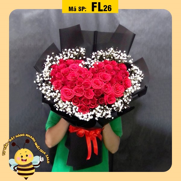 Bó hoa tươi FL26 rất nhiều hoa hồng tạo trái tim viền nhiều hoa bi