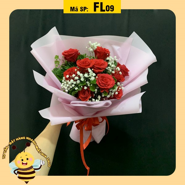 Bó hoa tươi FL09 hồng đỏ thắm phối hoa bi