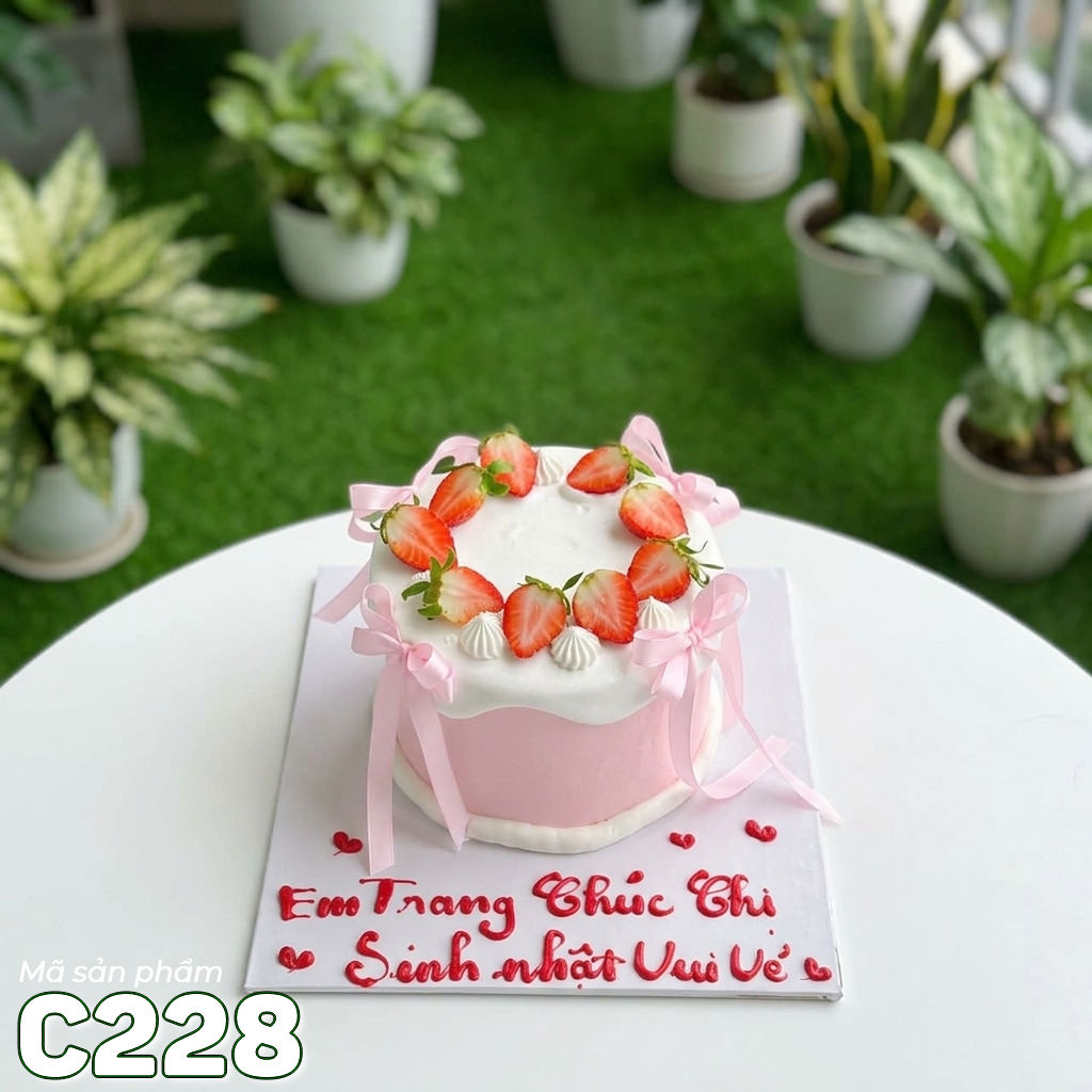 Bánh kem mini C228 thắt nơ hồng dâu tây lãng mạn