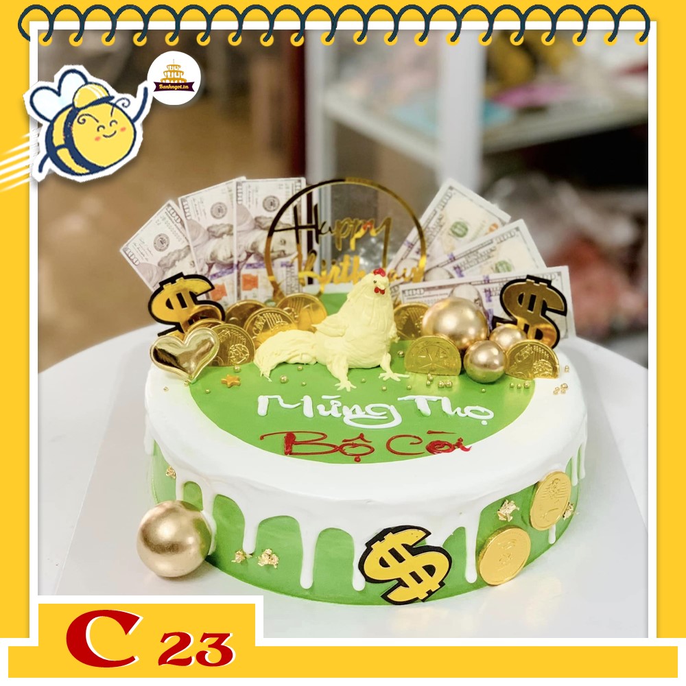 Bánh kem C23 tặng bố màu xanh, phụ kiện tiền vàng đô la xịn xò