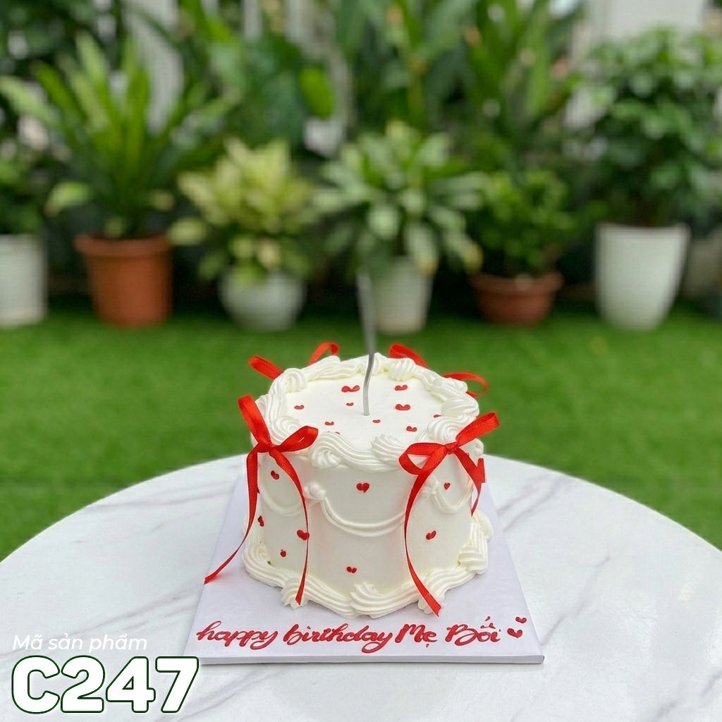 Bánh kem mini C247 thắt nơ đỏ phong cách Ribbon Cake