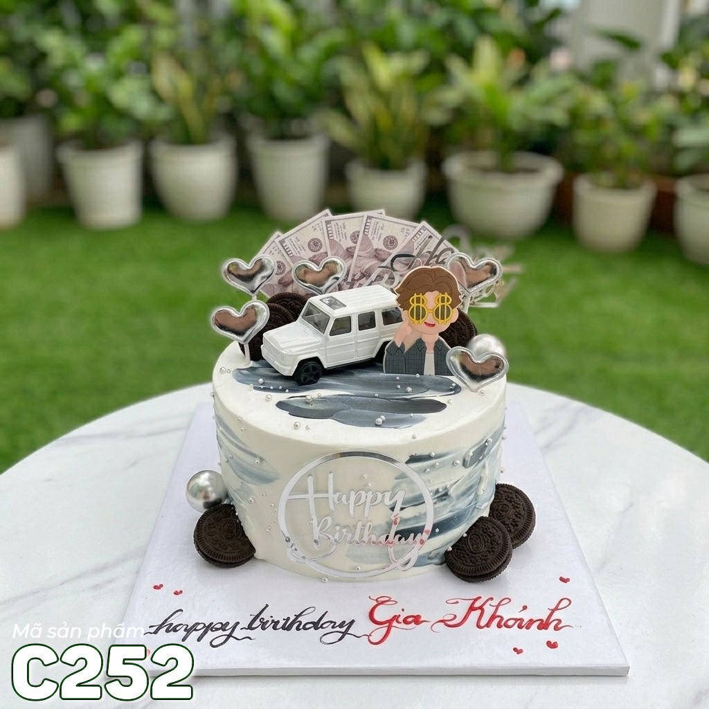 Bánh kem mini C252 tone xám trắng decor xe sang
