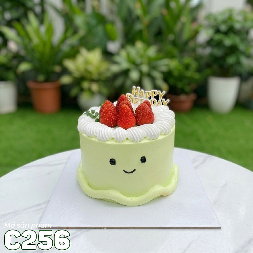 Bánh kem mini C256 hình mặt cười tone xanh bơ dâu tây