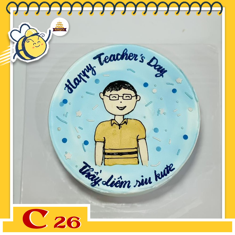 Bánh kem C26 nền xanh vẽ hình chibi bố yêu, thầy giáo dễ thương