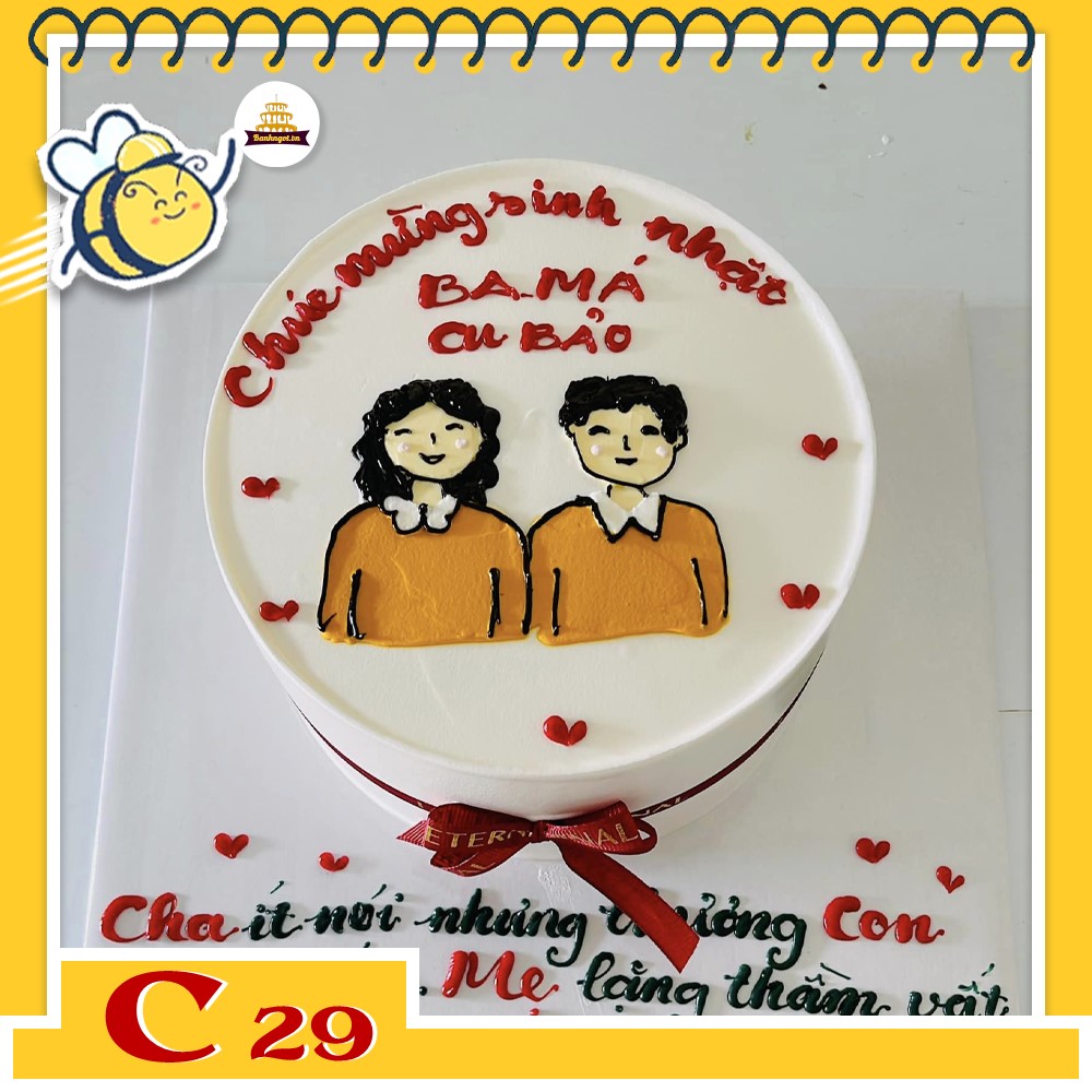 Bánh kem C29 vẽ hình chibi tặng bố mẹ cưng hết nấc