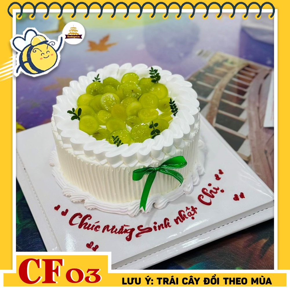 Bánh kem sinh nhật CF03 tone trắng nho xanh tươi mát lành tươi ngon