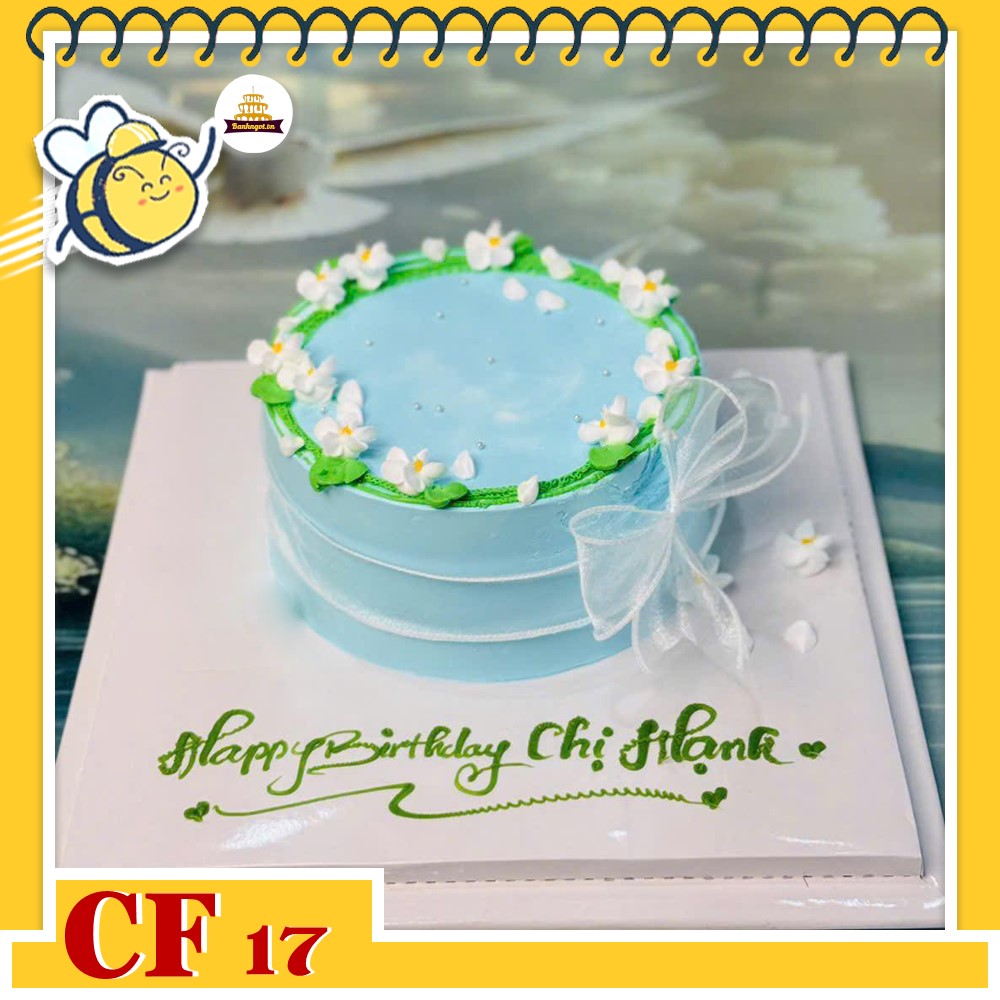 Bánh kem sinh nhật CF17 tone xanh hoa trắng tinh khôi mướt mắt