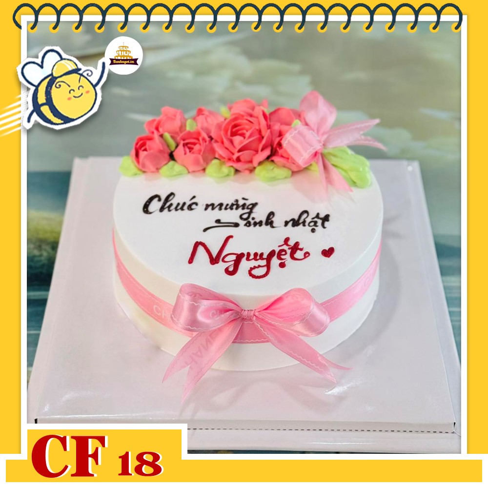 Bánh kem sinh nhật CF18 nền trắng bắt hoa màu hồng nữ tính dễ thương