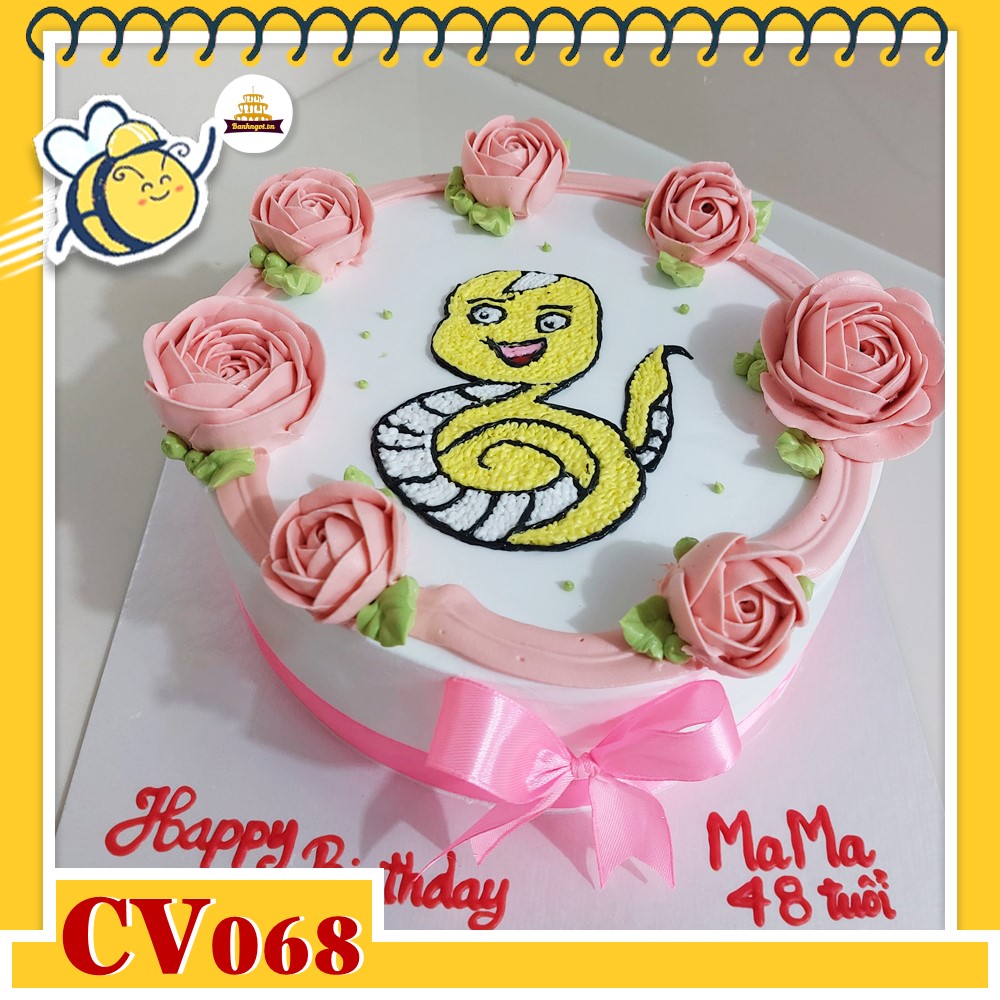 Bánh kem CV068 sinh nhật tuổi Tỵ hình con rắn vàng giữa những đóa hồng