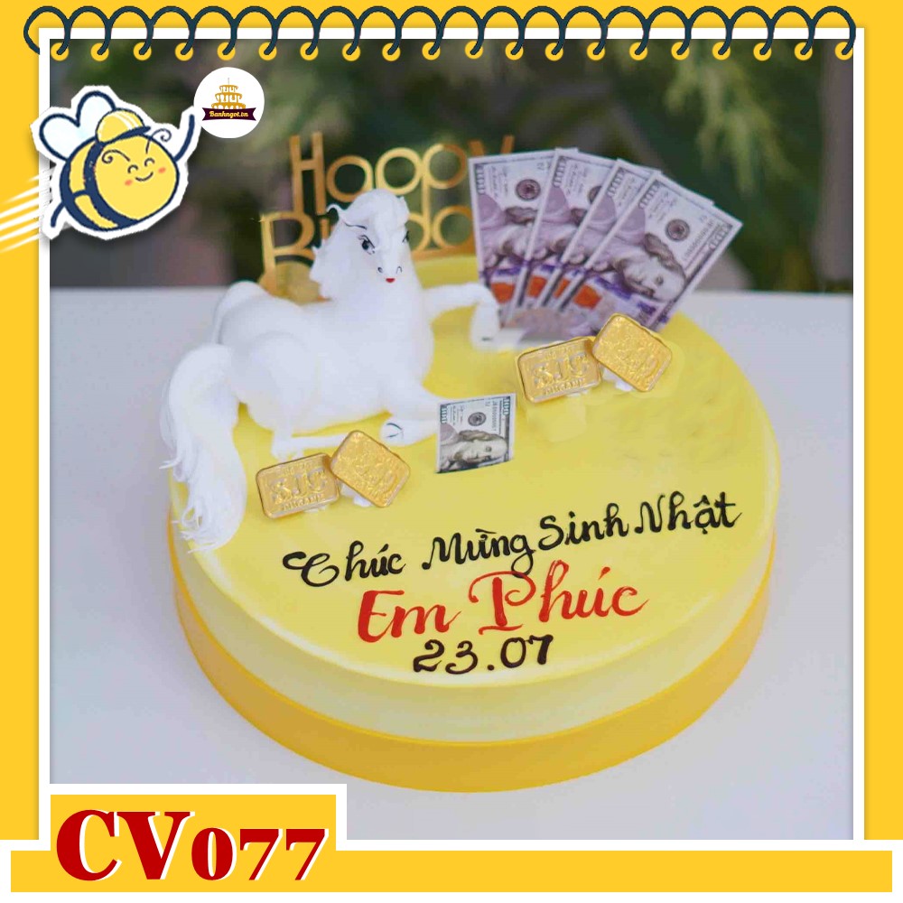 Bánh kem CV077 sinh nhật tuổi Ngọ màu vàng tiền đô la bắt kem con ngựa