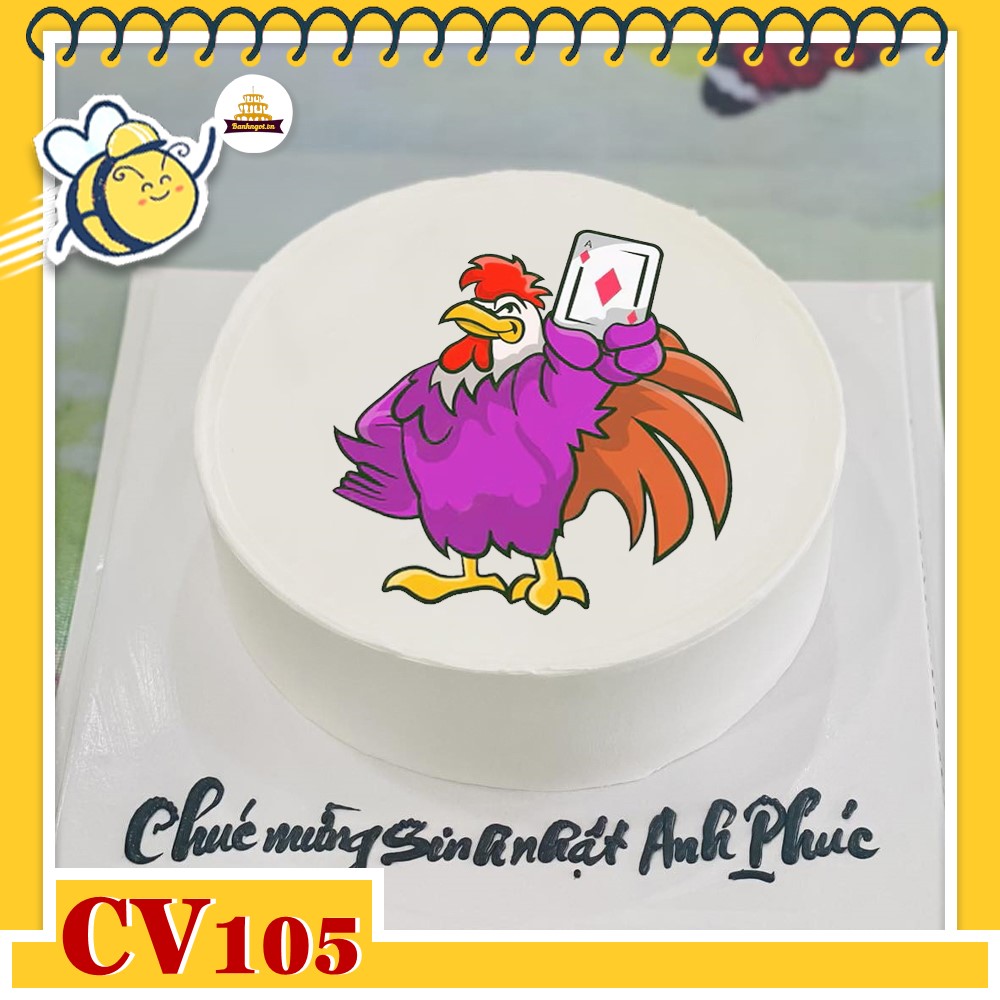 Bánh kem CV105 sinh nhật tuổi Dậu hình con gà thích đánh bài ngộ nghĩnh
