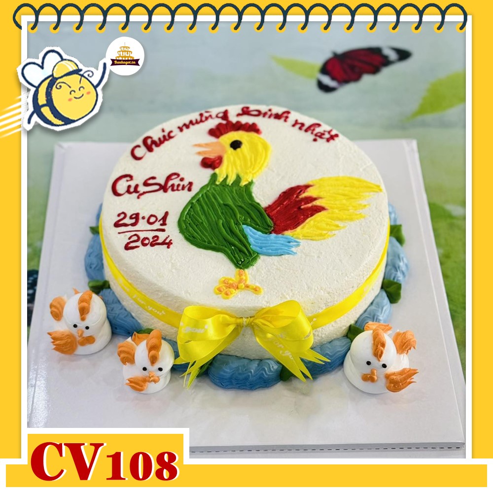 Bánh kem CV108 sinh nhật tuổi Dậu vẽ hình con gà trống màu sắc rực rỡ