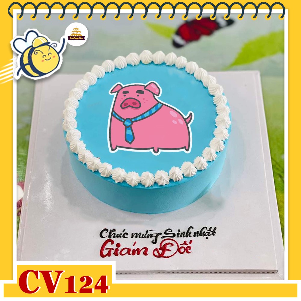 Bánh kem CV124 sinh nhật tuổi Hợi hình con heo đeo cà vạt cute