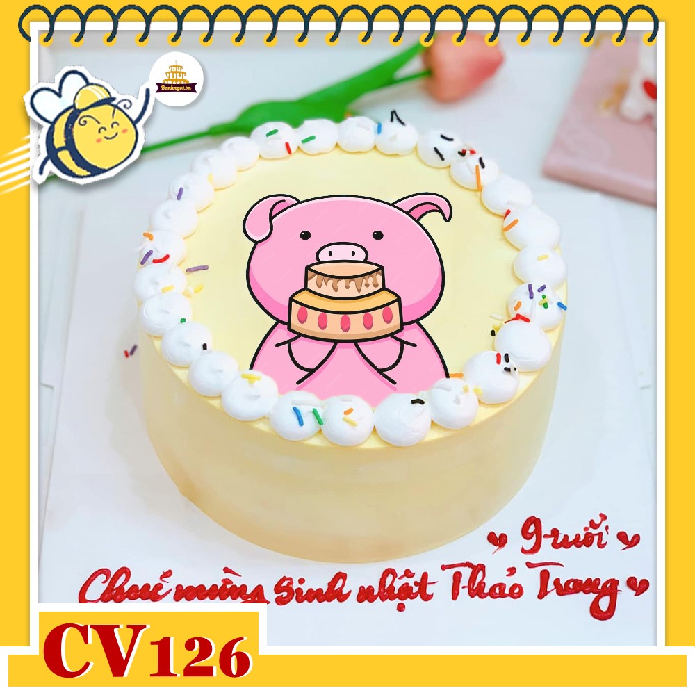 Bánh kem CV126 sinh nhật tuổi Hợi hình con heo cầm bánh thú vị