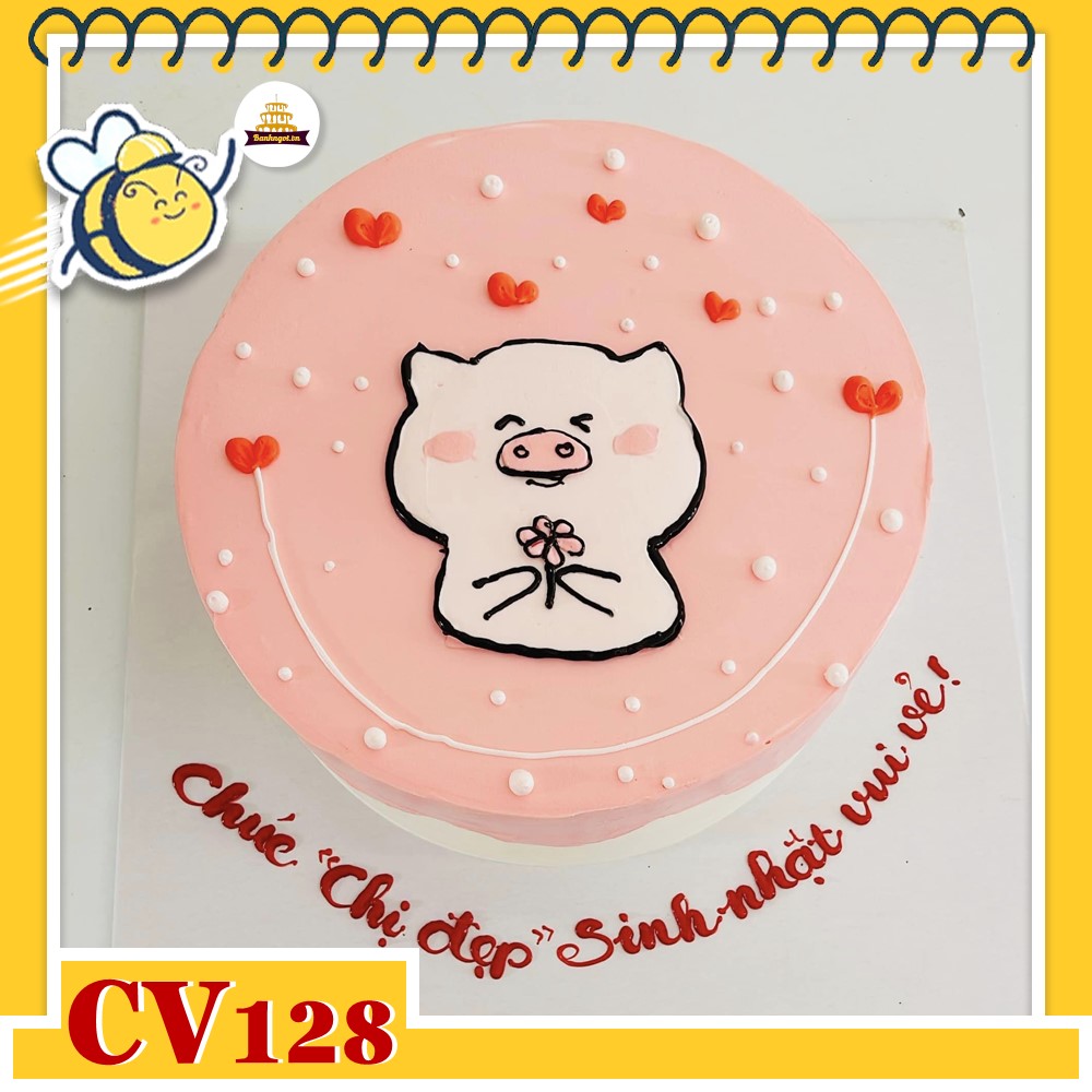 Bánh kem CV128 sinh nhật tuổi Hợi hình con heo màu hồng xinh iu