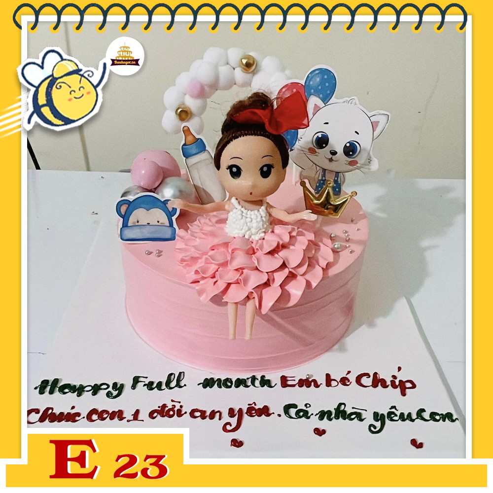 Bánh kem E23 sinh nhật bé gái búp bê váy cánh hoa hồng giá rẻ