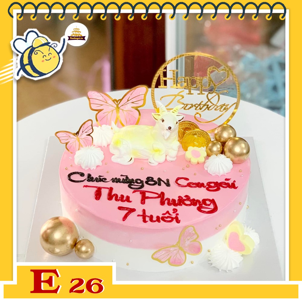 Bánh kem E26 sinh nhật bé gái yêu màu hồng bắt con vật 12 con giáp