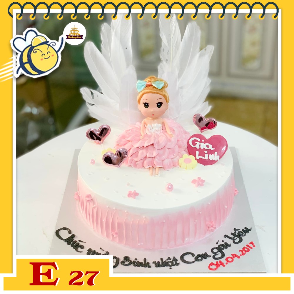 Bánh kem E27 sinh nhật con gái thiên thần nhỏ màu hồng cánh trắng đáng yêu