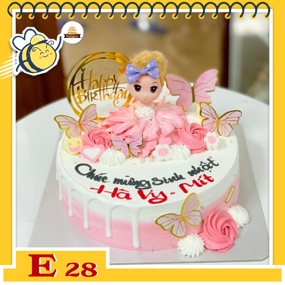 Bánh kem E28 tone hồng trắng bé gái xinh yêu búp bê và bướm bay