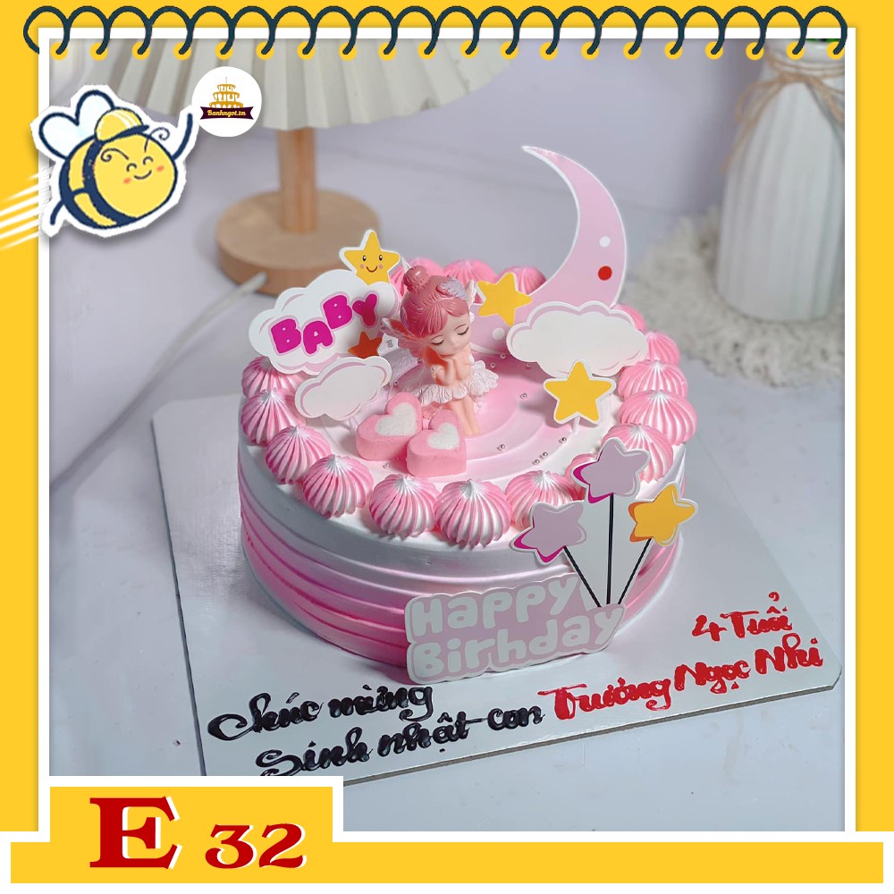 Bánh kem E32 cô bé búp bê mơ mộng giấc ngủ hường phấn cung trăng ngôi sao hồng thắm