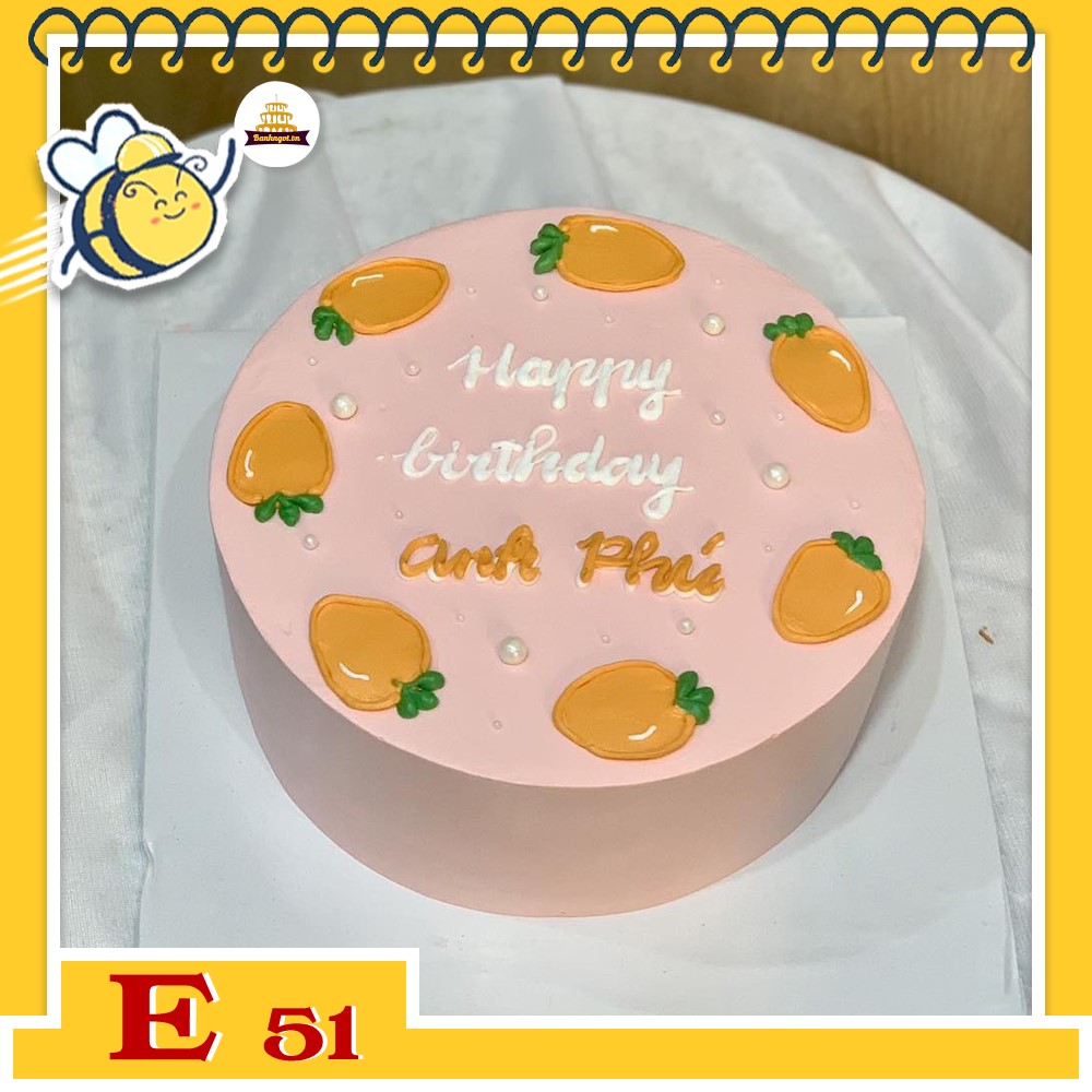 Bánh kem E51 nền hồng vẽ nhiều quả màu cam xung quanh (có thể đổi trái cây khác)