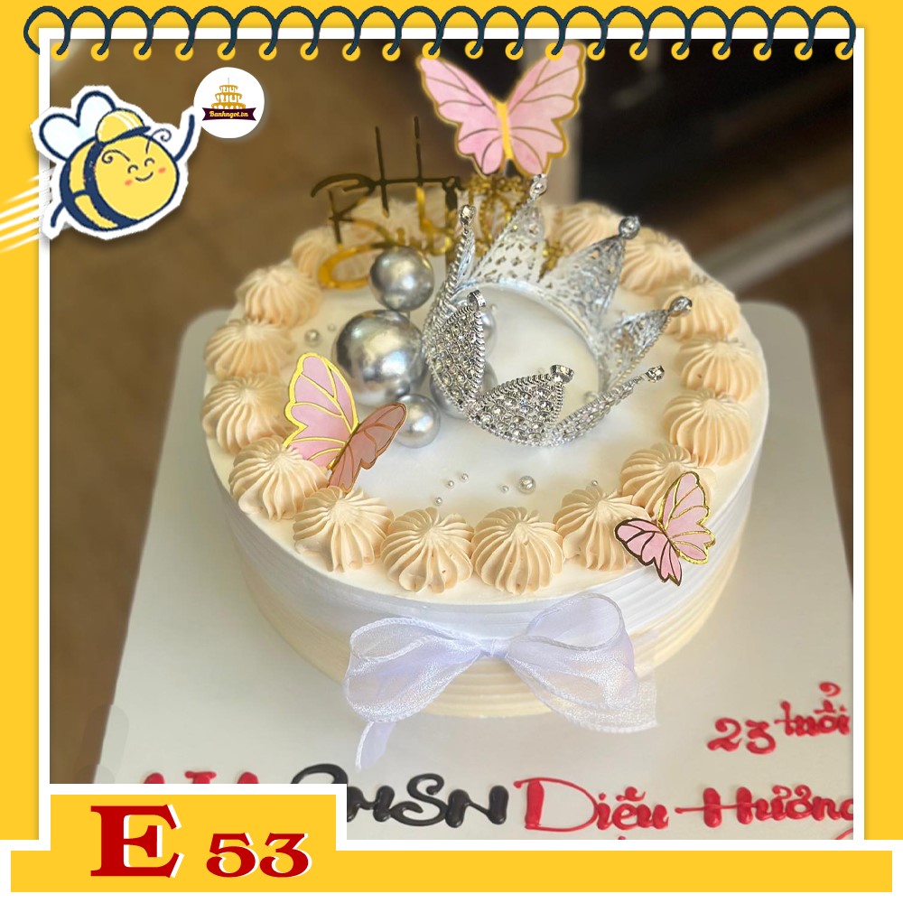 Bánh kem E53 phong cách công chúa vương miện và bươm bướm thắt nơ nữ tính