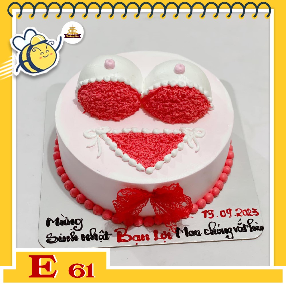 Bánh kem E61 vẽ hình bựa bikini núi đồi màu đỏ tặng troll bạn thân